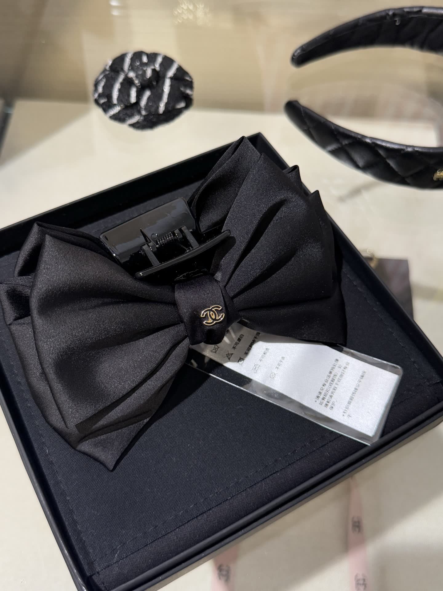 Chanel Black Satin Bow Hair Clip
